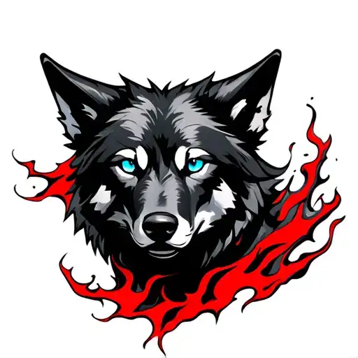 Black Wolf With Blue Eyes And Red Flames Around It