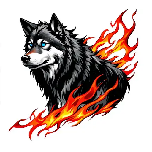 Detailed Black Wolf With Blue Eyes And Red Flames Around It