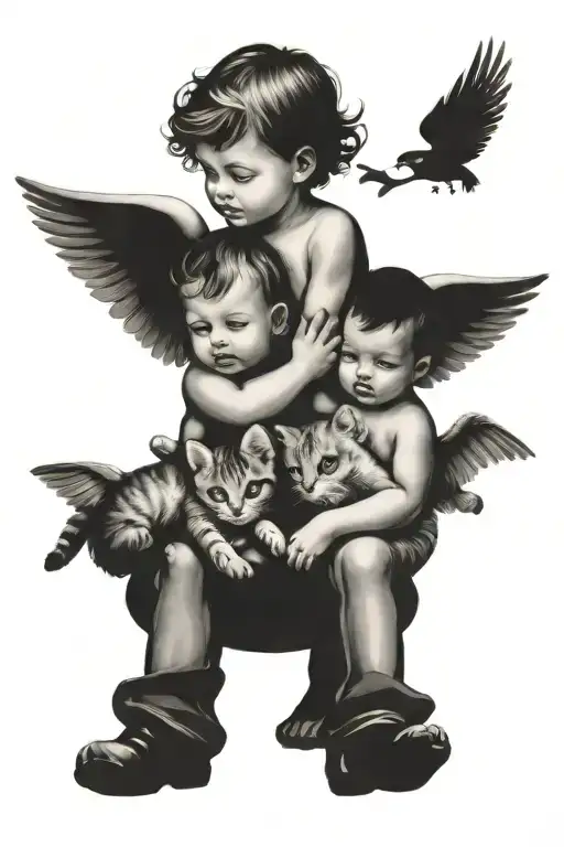 Vintage Style Baby Angels Looking Down On Children Pisking Flowers And Petting Cats