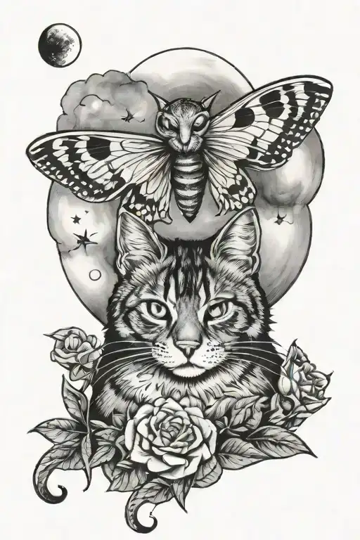 Moth With Cat And Moon