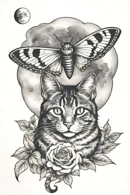 Moth With Cat And Moon