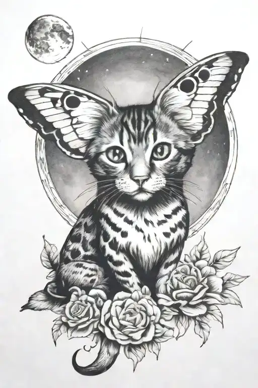 Moth With Cat And Moon