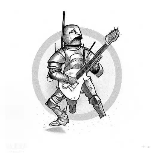 A Soldier In Armor Playing A Guitar With Sunflowers Growing From The Instrument