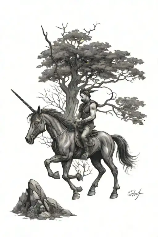 Dark Forest With A Black Unicorn And Evil Faery