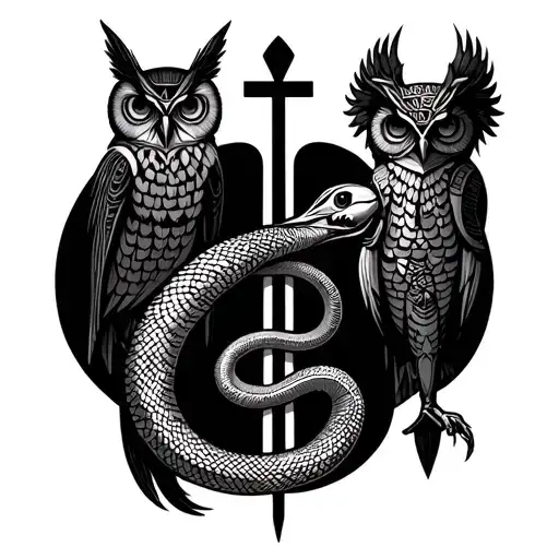 Ankh Cross On A Ligne And After A Inca Owl On This Line And After The Snake Ouroboros