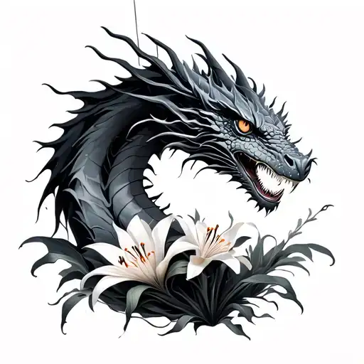 Brushstrokes Dragon Surrounding Spider Lily Flowers