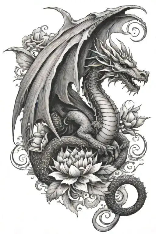 Elegant Winged Dragon Wrapped With Lotus Florals