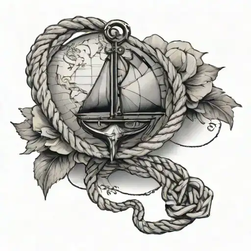 Ships Anchor With Ship Rope Intertwined Around Top Of Arm And World Map Behind