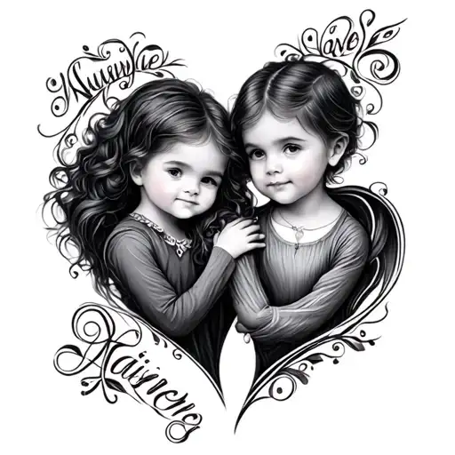 Hearts With 2 Kids Name Intertwined