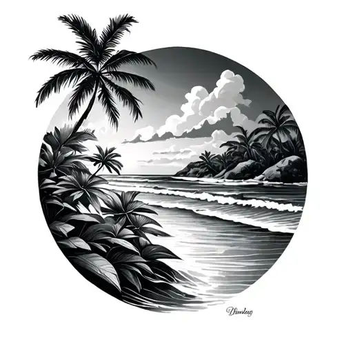 Hawaiian Design And Beach Scene With Palm