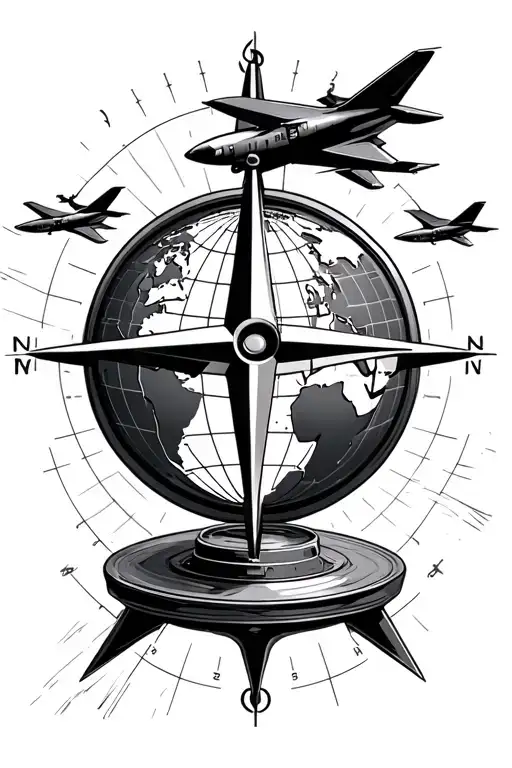 Compass With Military Aircraft Flying With A Flat Globe