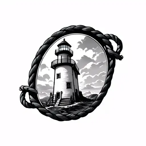 Black And White Light House With Rope In Oval Around