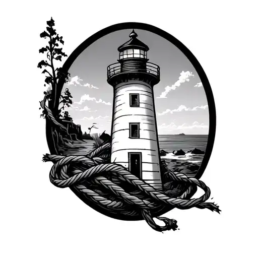 Black And White Light House With Rope Intertwined In Oval