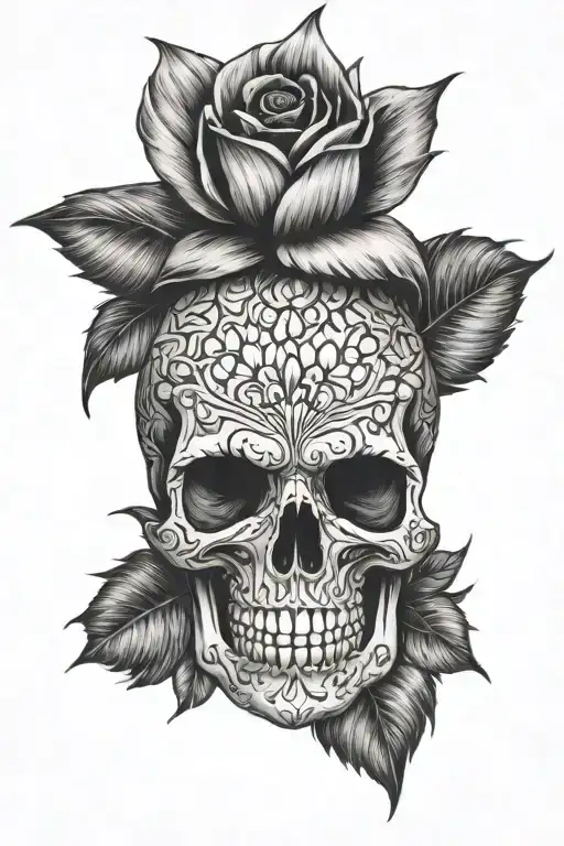 Pineapple Skull With Rose And Sunflower Below