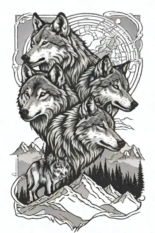 Three Wolf Tatto With Mountain Behind Them