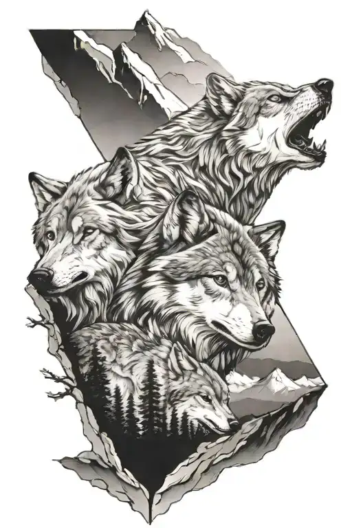 Three Wolf Tatto With Mountain Behind Them On Left Forearm