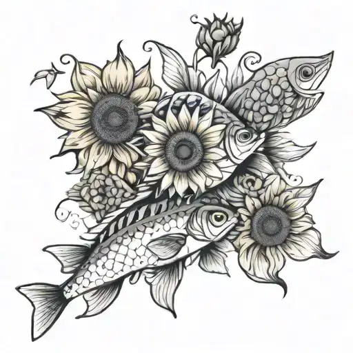 Sunflowers And The Pieces Fish Swimming