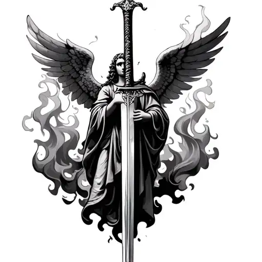 Italian Angel With Sword Draped In Flames And Smoke