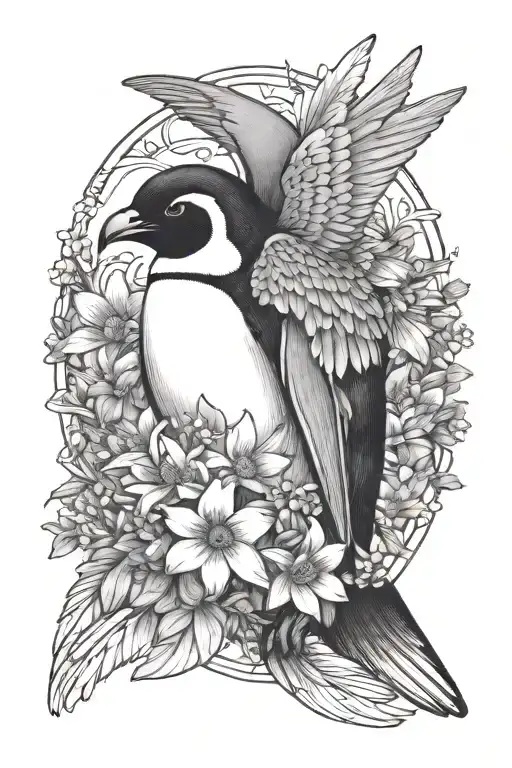 Penguin With Angel Wings Holding A Bouquet Of Daisies