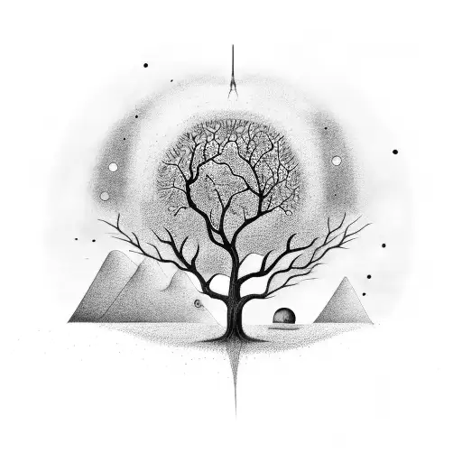 Black And Grey Depiction Of A Tree Of Life Intertwined With Constellations