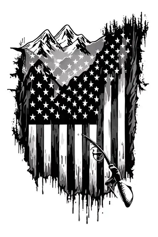 Distressed American Flag With Mountains Fishing