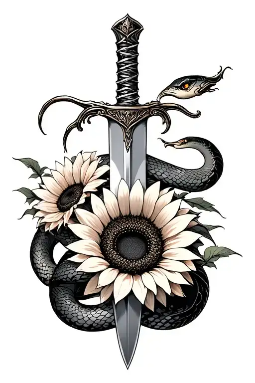 Sword Wrapped In Snake And Sunflower
