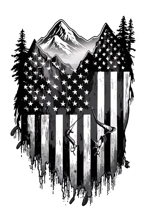 Distressed American Flag With Mountains Fishing