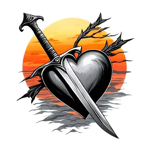 Sword Through Heart With Sunset Background