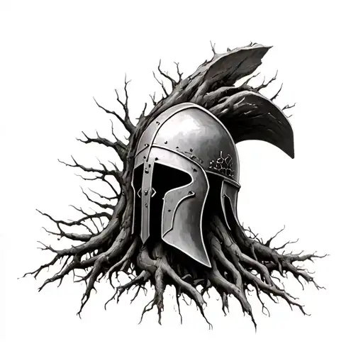 Realistic Spartan Helmet Made Of Thick Forest Tree Roots On Shoulder Black And White
