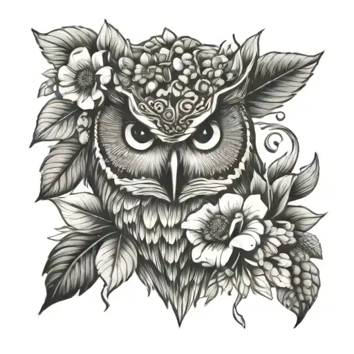 Owl Head With Fruits And Flowers