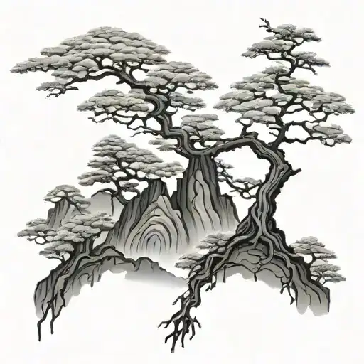 Japanese Tree On Mountain Tatto Design