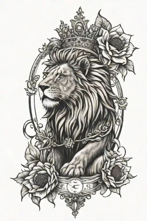 Lion Wearing A Queens Crowne With Sunflowers On The Bottom Tied In With A Clock