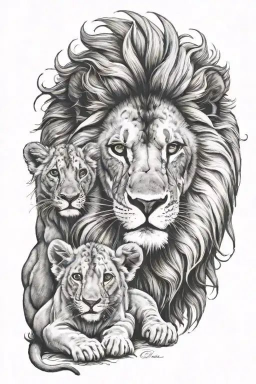 Lion With 2 Cubs Face Only