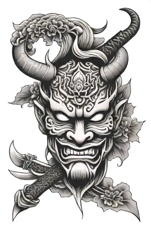 Oni Mask With Katanas And Lotus Petals