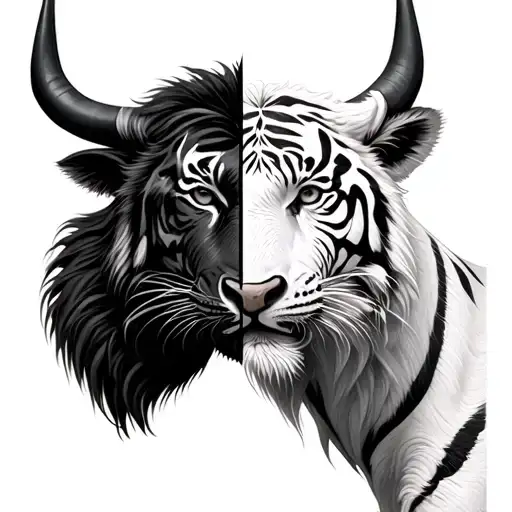 Half Of A Head Of A Bull With Half A White Tiger Head