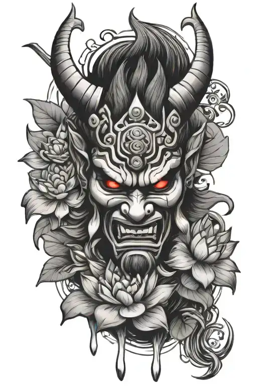 Oni Mask With Katanas And Lotus Petals Floating In Water