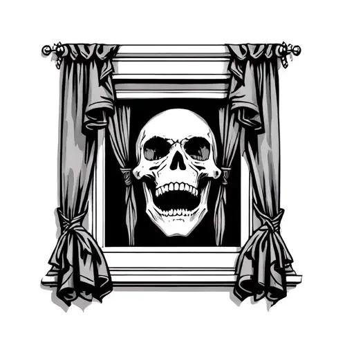 A Crying Skull In A Square Window With Drapes