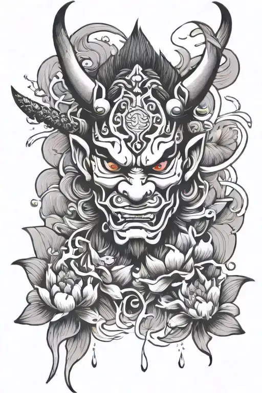 Oni Mask With Katanas And Lotus Petals Floating In Water