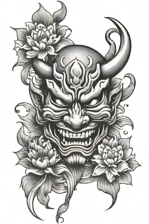 Oni Mask With Katanas And Lotus Petals Floating In Water