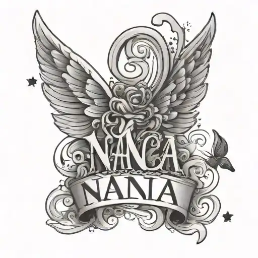 Angel Wings Attached To The Word Nana With Little Butterfly's And Stars