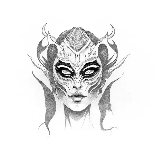 Woman Face With Demon Mask