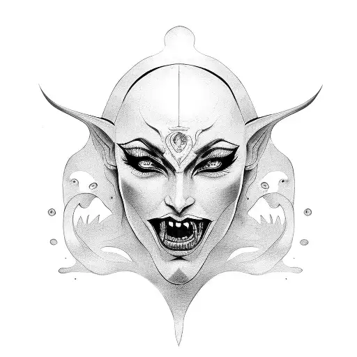 Woman Face Holding A Demon Mask