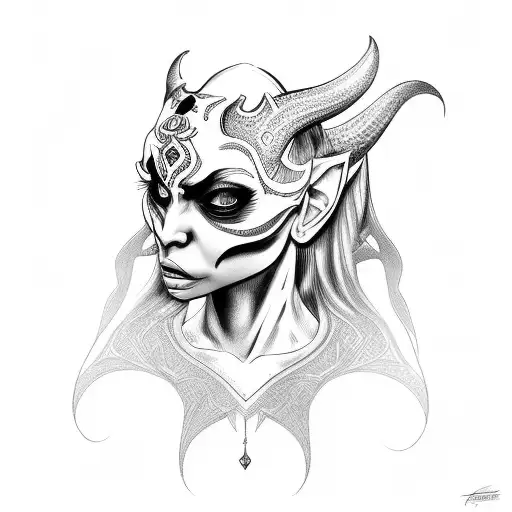 Woman Face Holding A Demon Mask