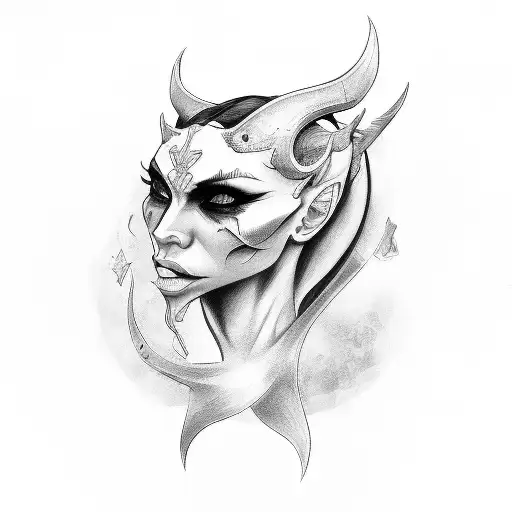 Woman Face Holding A Demon Mask