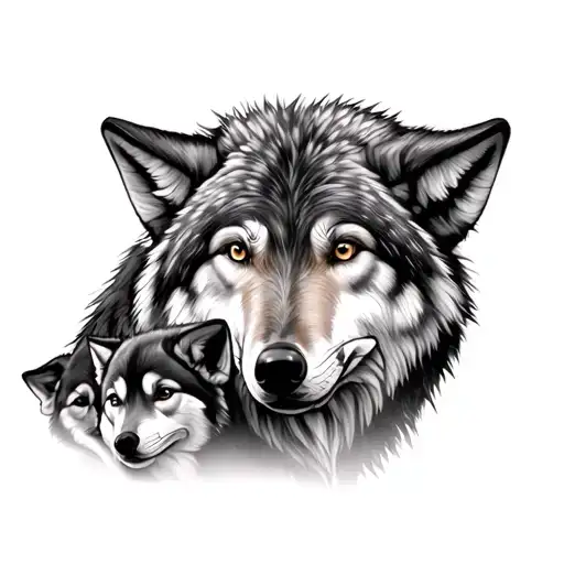 Wolf With 3 Small Wolves