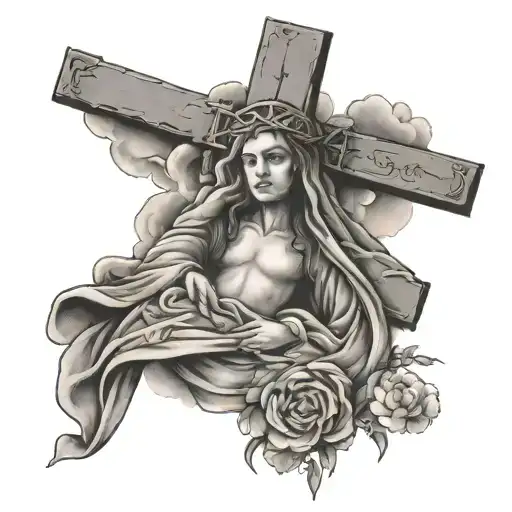 3 Crosses Clouds Bible Verse Written Virgin Marry Holding A Rosery Tattoo