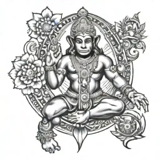 Hanuman With Gadha Flower And Sun Shining