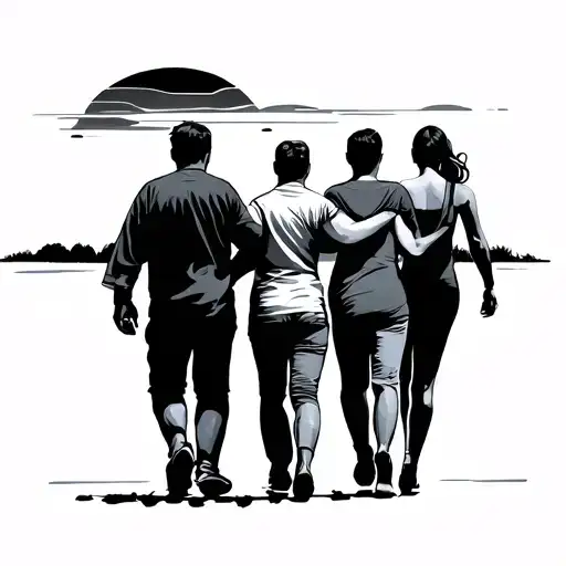 Family Of 5 People Walking Towards The Sunset Tattoo