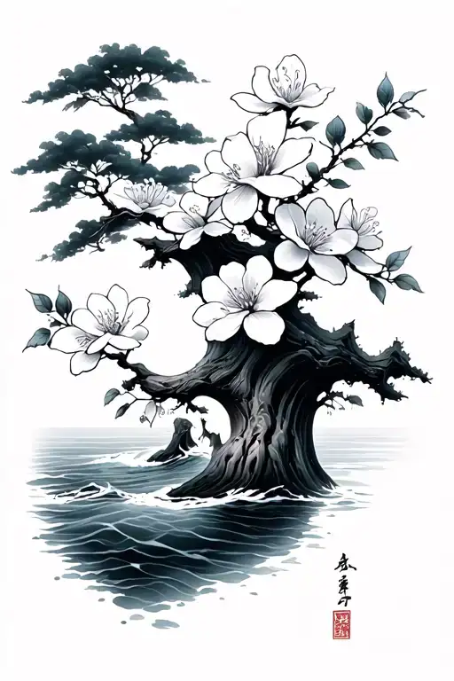 Japanese Cherry Blossom And Ocean