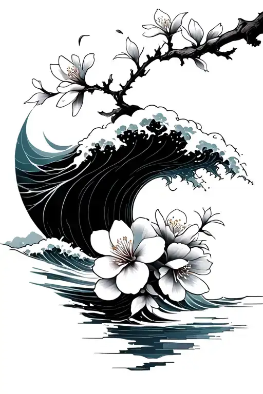 Japanese Cherry Blossom And Ocean Waves